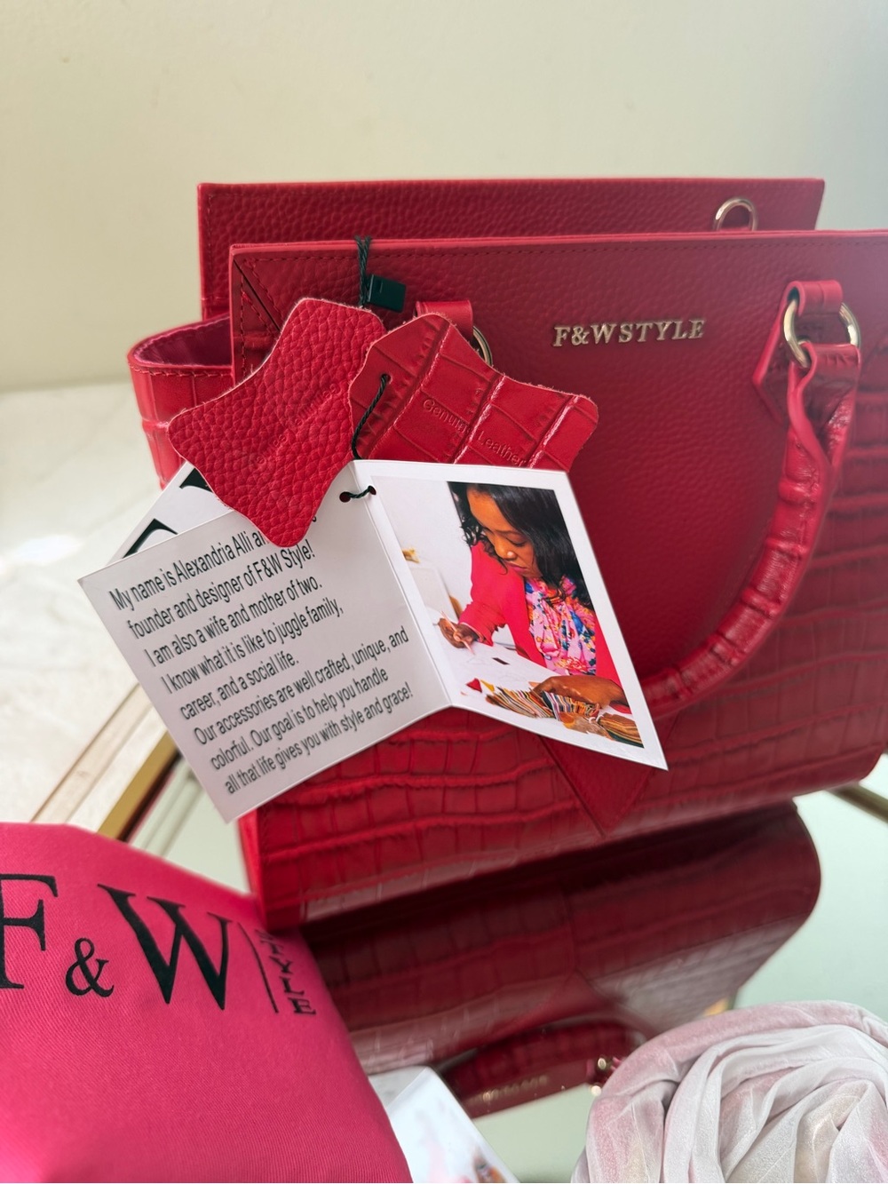 F&W STYLE Red Croc-Texture Satchel with Gold Logo